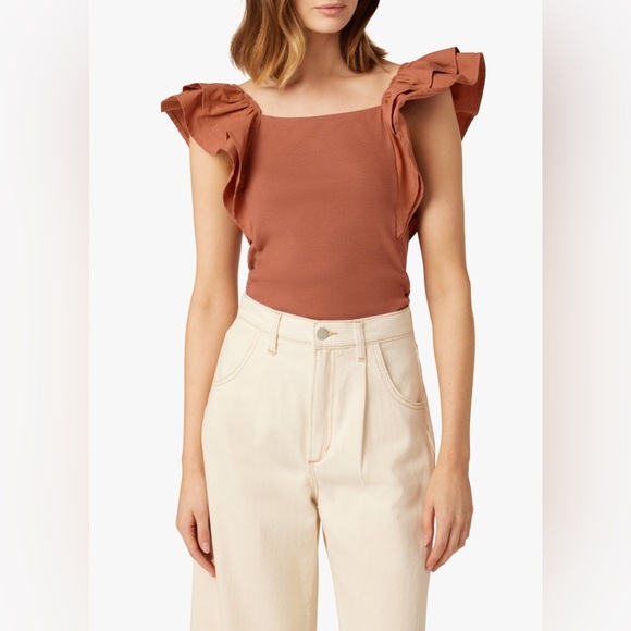 JOES JEANS COLLECTION Leslie Tan Almond RUFFLED SLEEVE RIBBED TANK TOP SMALL - Picture 1 of 10